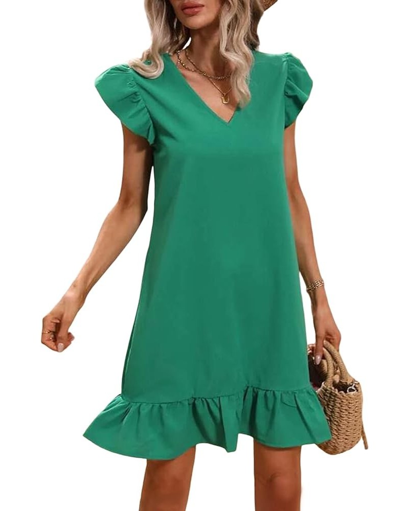 Women's Casual V Neck Frill Cap Sleeve Ruffle Flowy Hem Mini Short Swing Dress Green $18.71 Dresses