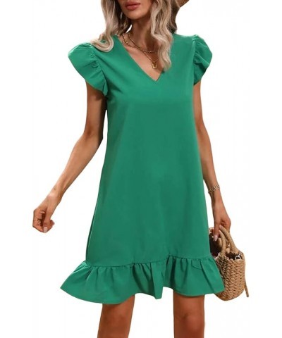 Women's Casual V Neck Frill Cap Sleeve Ruffle Flowy Hem Mini Short Swing Dress Green $18.71 Dresses