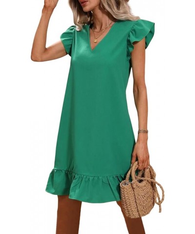 Women's Casual V Neck Frill Cap Sleeve Ruffle Flowy Hem Mini Short Swing Dress Green $18.71 Dresses