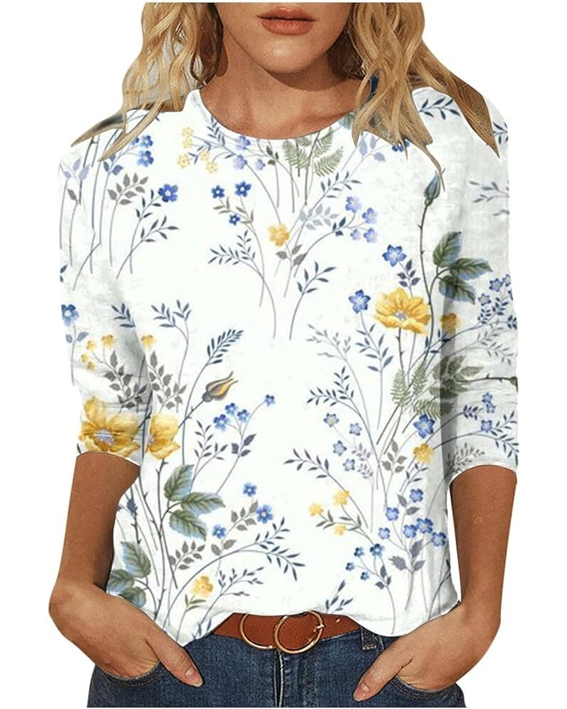 Womens 3/4 Sleeve T Shirts Crew Neck Floral Printed Summer Tops 3/4 Length Sleeve Dressy Casual T-Shirt Graphic Tees 03 White...