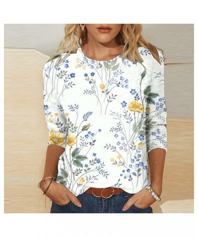 Womens 3/4 Sleeve T Shirts Crew Neck Floral Printed Summer Tops 3/4 Length Sleeve Dressy Casual T-Shirt Graphic Tees 03 White...