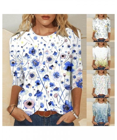 Womens 3/4 Sleeve T Shirts Crew Neck Floral Printed Summer Tops 3/4 Length Sleeve Dressy Casual T-Shirt Graphic Tees 03 White...