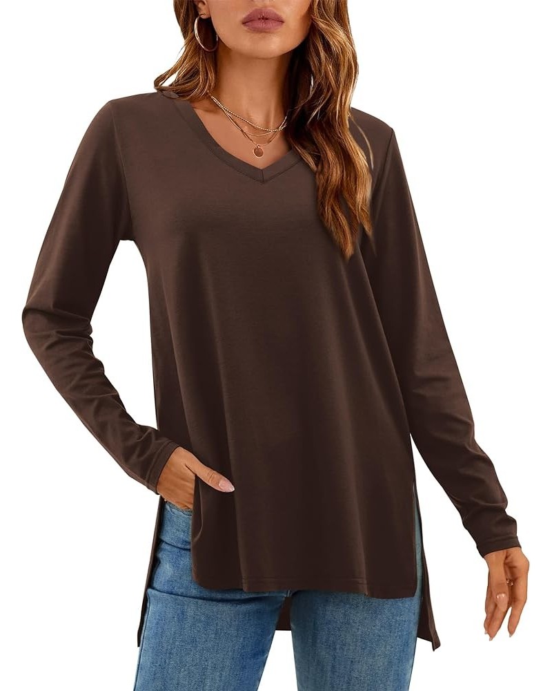 Womens Fall Long Sleeve Tops V Neck T-Shirts Dressy Casual Tunic Tops Brown $17.91 Tops