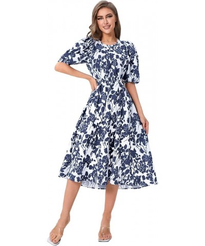 Women's Boho Floral Puff Sleeve Cut Out Dress Tie Back A Line Midi Dresses Navy Blue $16.51 Dresses