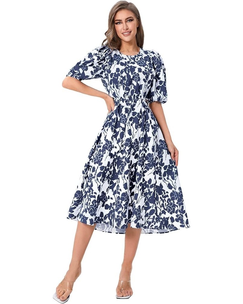 Women's Boho Floral Puff Sleeve Cut Out Dress Tie Back A Line Midi Dresses Navy Blue $16.51 Dresses