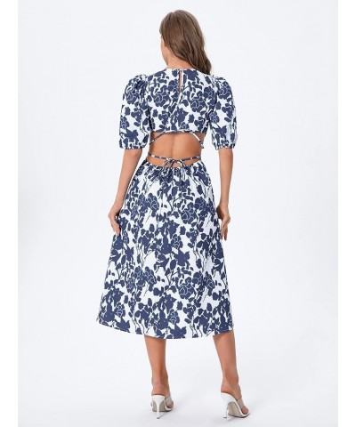 Women's Boho Floral Puff Sleeve Cut Out Dress Tie Back A Line Midi Dresses Navy Blue $16.51 Dresses