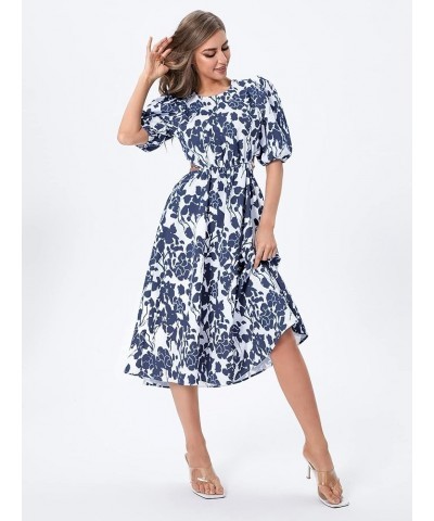 Women's Boho Floral Puff Sleeve Cut Out Dress Tie Back A Line Midi Dresses Navy Blue $16.51 Dresses