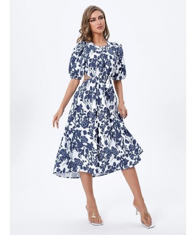 Women's Boho Floral Puff Sleeve Cut Out Dress Tie Back A Line Midi Dresses Navy Blue $16.51 Dresses