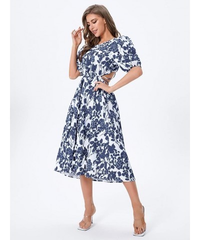 Women's Boho Floral Puff Sleeve Cut Out Dress Tie Back A Line Midi Dresses Navy Blue $16.51 Dresses