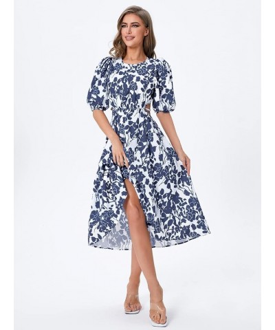 Women's Boho Floral Puff Sleeve Cut Out Dress Tie Back A Line Midi Dresses Navy Blue $16.51 Dresses