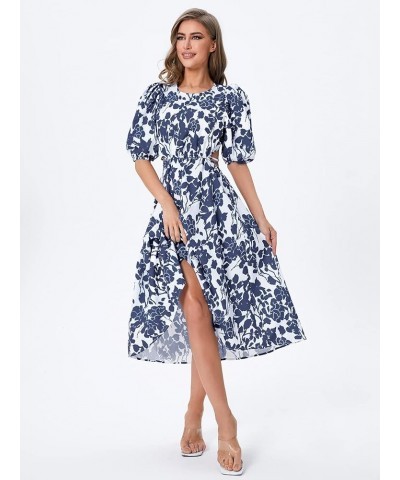 Women's Boho Floral Puff Sleeve Cut Out Dress Tie Back A Line Midi Dresses Navy Blue $16.51 Dresses