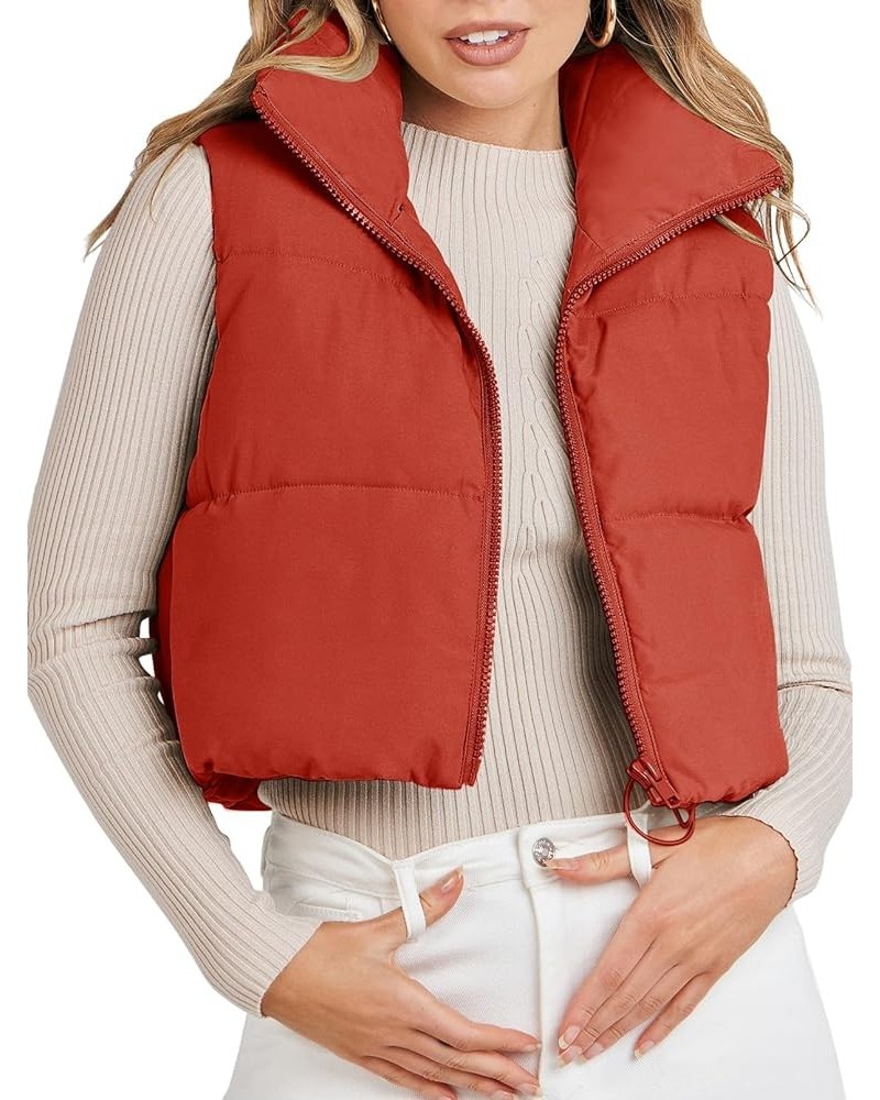 Women's Crop Puffer Vest Lightweight Stand Collar Sleeveless Zip Up Padded Gilet Coat Brick Red $18.63 Vests