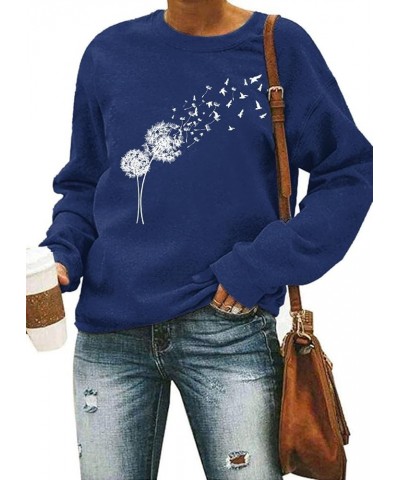 Womens Dandelion with Birds Sweatshirt Long Sleeve Crewneck Loose Shirts Wild Flower Graphic Tee Pullover Tops Navy $11.79 Ho...