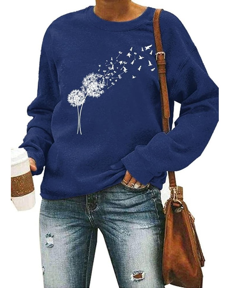 Womens Dandelion with Birds Sweatshirt Long Sleeve Crewneck Loose Shirts Wild Flower Graphic Tee Pullover Tops Navy $11.79 Ho...