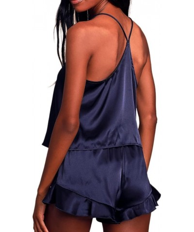 Pajamas for Women Silk Sleepwear Sexy Lingerie Satin Cami Shorts Set Nightwear B-navy Blue $8.84 Sleep & Lounge