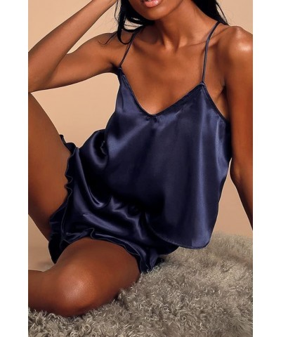 Pajamas for Women Silk Sleepwear Sexy Lingerie Satin Cami Shorts Set Nightwear B-navy Blue $8.84 Sleep & Lounge