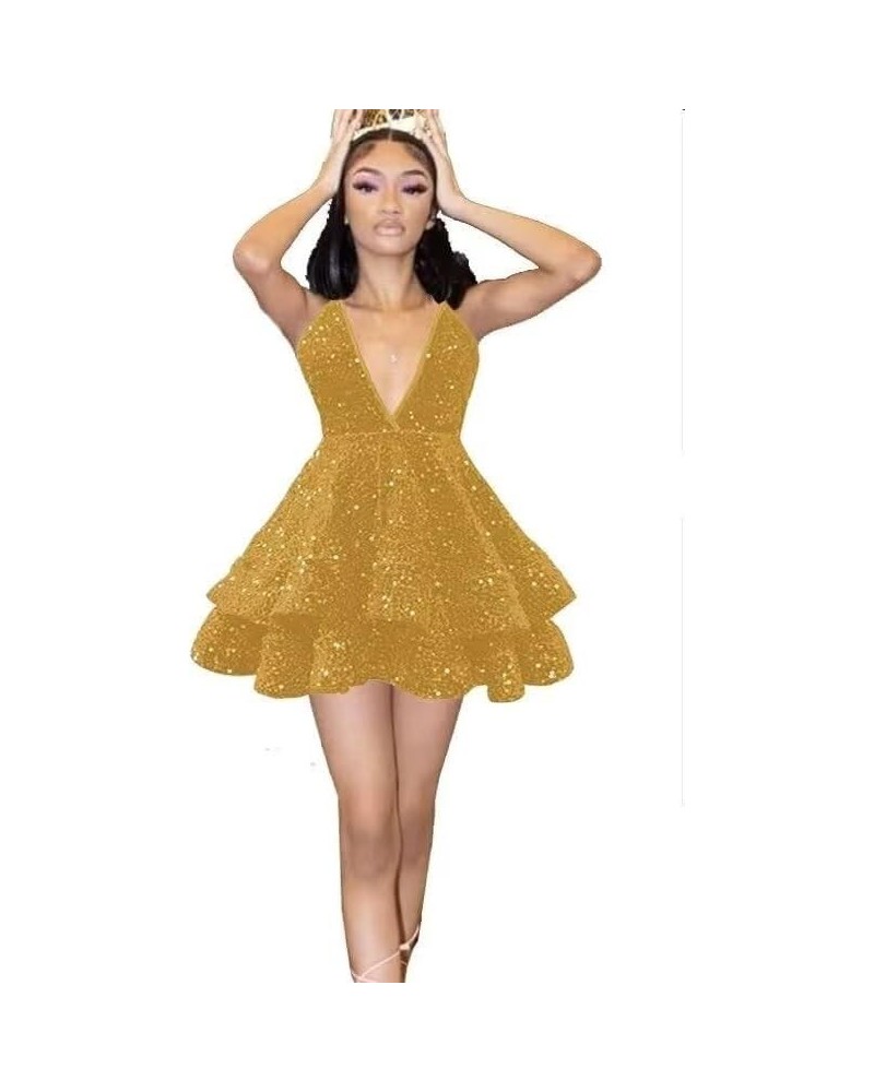 Women's Sequin Sparkly Halter Prom Dresses Short Cocktail Party Dresses Sleeveless Party V-Neck Mini Gown Gold $33.31 Dresses