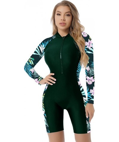 Women's Long Sleeve Rash Guard One-Piece Swimsuits Zipper Printed Swimwear UPF 50+ Surfing Bathing Suit Green $11.96 Swimsuits