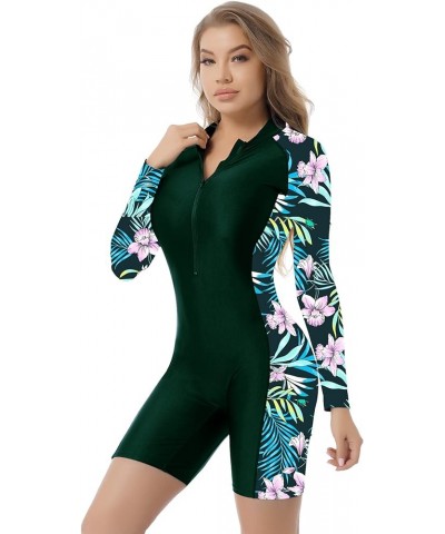 Women's Long Sleeve Rash Guard One-Piece Swimsuits Zipper Printed Swimwear UPF 50+ Surfing Bathing Suit Green $11.96 Swimsuits