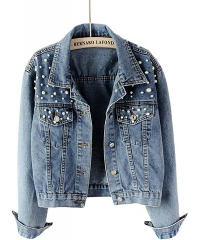 Women Oversized Denim Jacket Embroidered Pearls Beading Jeans Coat Blue $11.89 Jackets