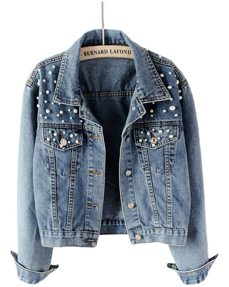 Women Oversized Denim Jacket Embroidered Pearls Beading Jeans Coat Blue $11.89 Jackets