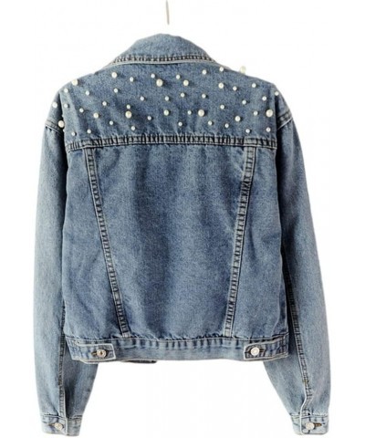 Women Oversized Denim Jacket Embroidered Pearls Beading Jeans Coat Blue $11.89 Jackets