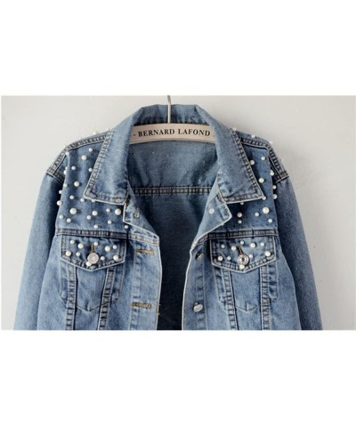 Women Oversized Denim Jacket Embroidered Pearls Beading Jeans Coat Blue $11.89 Jackets