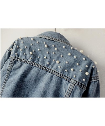 Women Oversized Denim Jacket Embroidered Pearls Beading Jeans Coat Blue $11.89 Jackets