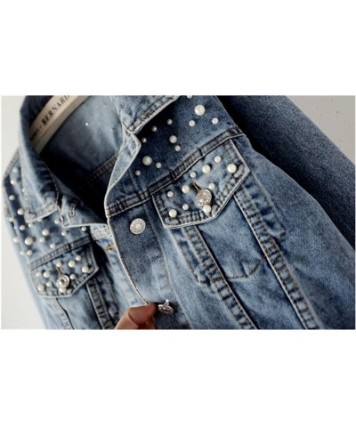 Women Oversized Denim Jacket Embroidered Pearls Beading Jeans Coat Blue $11.89 Jackets