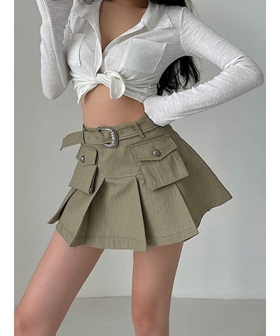 Women Low Waist Pleated Skirt Y2k Cargo Short Denim Skirt Casual Mini A-line Jean Skirt 90s Streetwear C Army Green $7.64 Skirts