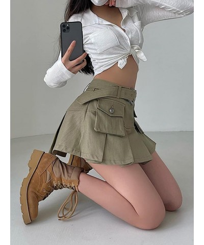 Women Low Waist Pleated Skirt Y2k Cargo Short Denim Skirt Casual Mini A-line Jean Skirt 90s Streetwear C Army Green $7.64 Skirts