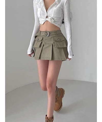 Women Low Waist Pleated Skirt Y2k Cargo Short Denim Skirt Casual Mini A-line Jean Skirt 90s Streetwear C Army Green $7.64 Skirts