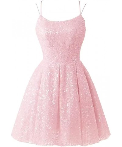 Spaghetti Straps Sequin Party Dress with Pockets A-line Cowl Neck Sparkly Short Homecoming Dress for Women Sequin-pink $36.91...