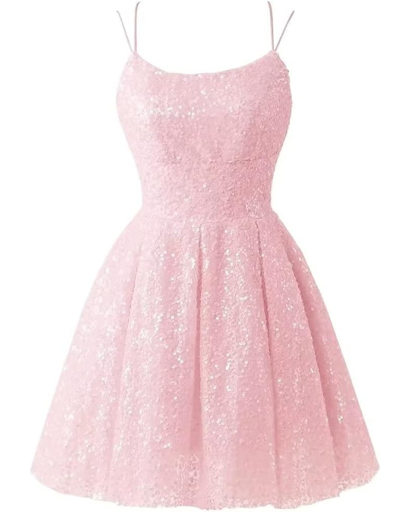 Spaghetti Straps Sequin Party Dress with Pockets A-line Cowl Neck Sparkly Short Homecoming Dress for Women Sequin-pink $36.91...