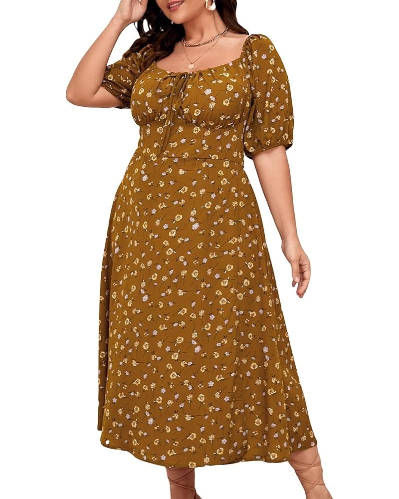 Women's Plus Size Floral Print Tie Front Square Neck Slit Hem Midi Dress Mustard Yellow Solid $22.05 Dresses