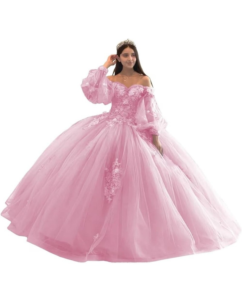 Floral Quinceanera Dresses with Sleeves Giltter Tulle Ball Gown Puffy Lace Off Shoulder Sweet 16 Dresses Party Gowns Pink $48...