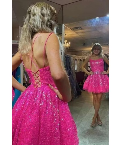 Spaghetti Straps Sequin Party Dress with Pockets A-line Cowl Neck Sparkly Short Homecoming Dress for Women Sequin-pink $36.91...