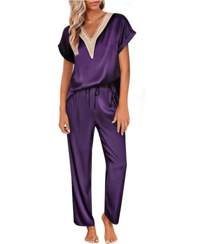 Silk Pajamas Set Womens Lace V Neck Loungewear Short Sleeve Satin Shirt with Long Pant Silky Pjs Wineberry $18.86 Sleep & Lounge