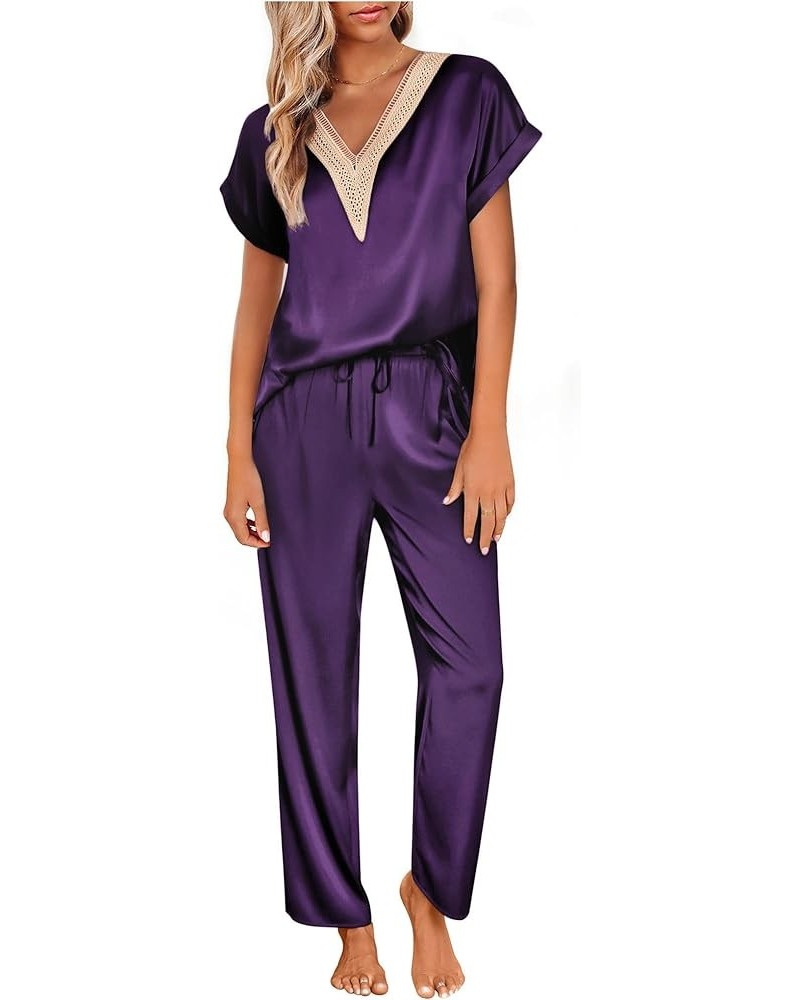 Silk Pajamas Set Womens Lace V Neck Loungewear Short Sleeve Satin Shirt with Long Pant Silky Pjs Wineberry $18.86 Sleep & Lounge