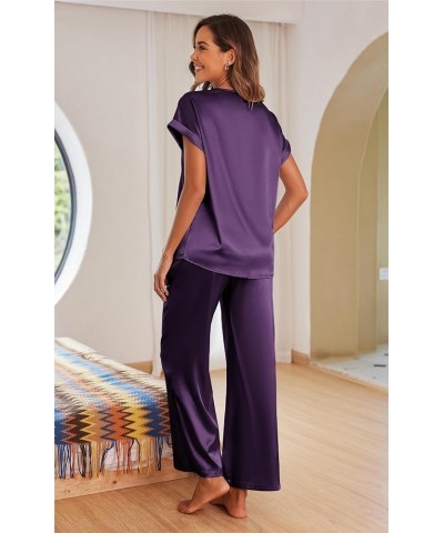 Silk Pajamas Set Womens Lace V Neck Loungewear Short Sleeve Satin Shirt with Long Pant Silky Pjs Wineberry $18.86 Sleep & Lounge