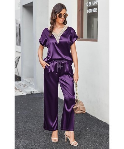 Silk Pajamas Set Womens Lace V Neck Loungewear Short Sleeve Satin Shirt with Long Pant Silky Pjs Wineberry $18.86 Sleep & Lounge