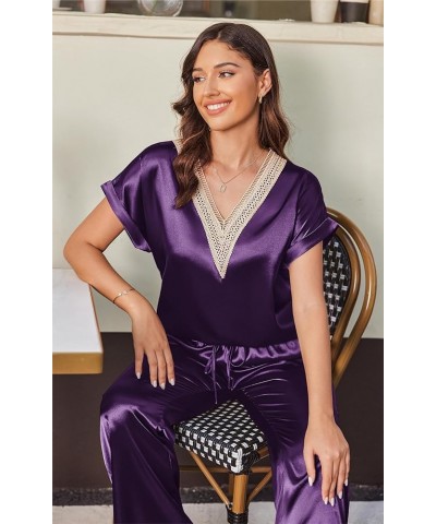 Silk Pajamas Set Womens Lace V Neck Loungewear Short Sleeve Satin Shirt with Long Pant Silky Pjs Wineberry $18.86 Sleep & Lounge