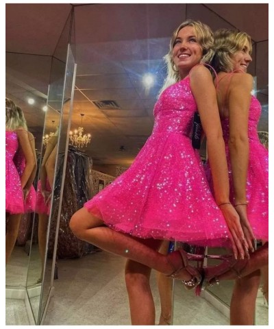 Spaghetti Straps Sequin Party Dress with Pockets A-line Cowl Neck Sparkly Short Homecoming Dress for Women Sequin-pink $36.91...