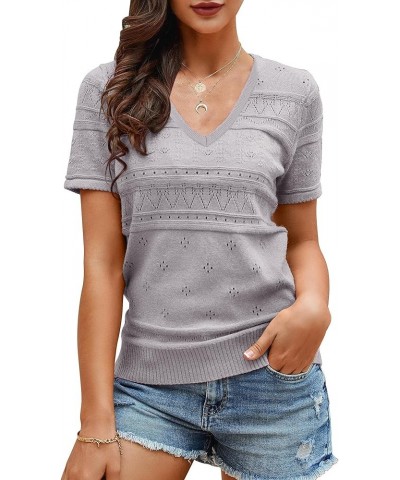 Womens Cute Short Puff Sleeve Sweaters Loose Crew Neck Lightweight Pointelle Knit Pullover Shirts Tops Z2 Grey $19.37 Sweaters