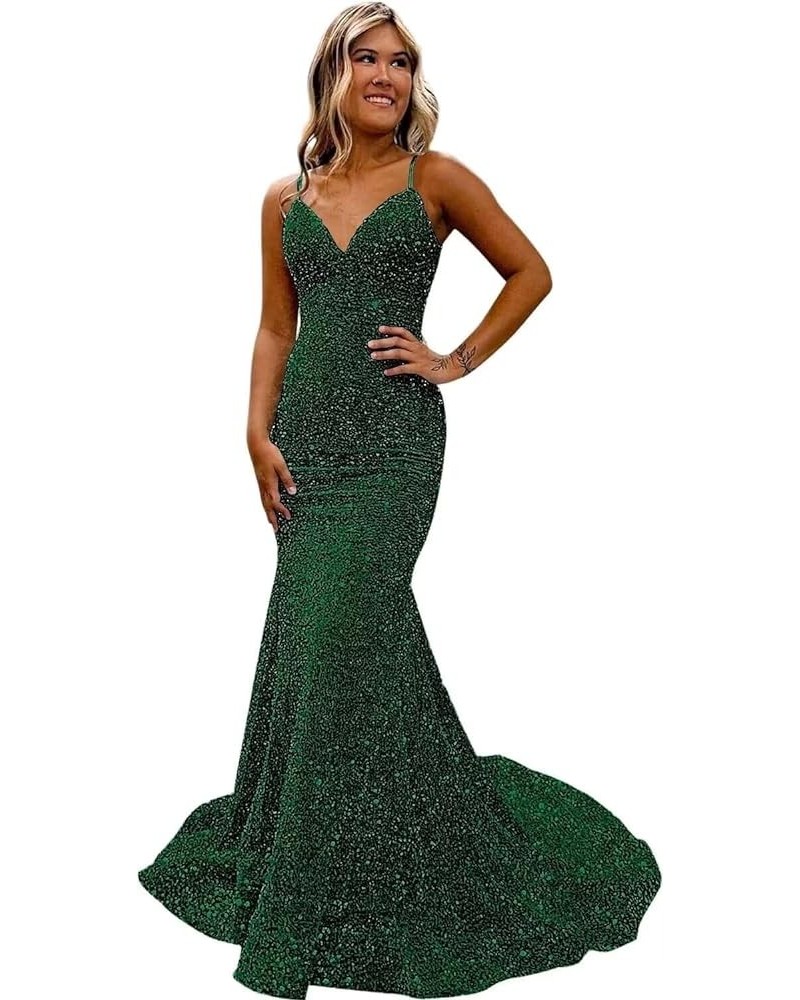 Women's Spaghetti Straps Sequin Prom Dresses Tight Long Mermaid 2024 Formal Evening Party Gowns Emerald Green $34.56 Dresses