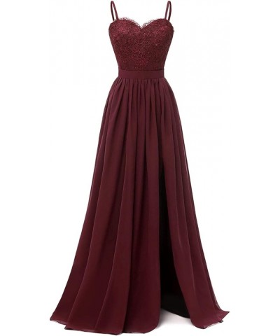 Lace Floral Bridesmaid Dress Long Side Slit Chiffon Wedding Evening Prom Gowns Dark Burgundy $42.75 Dresses