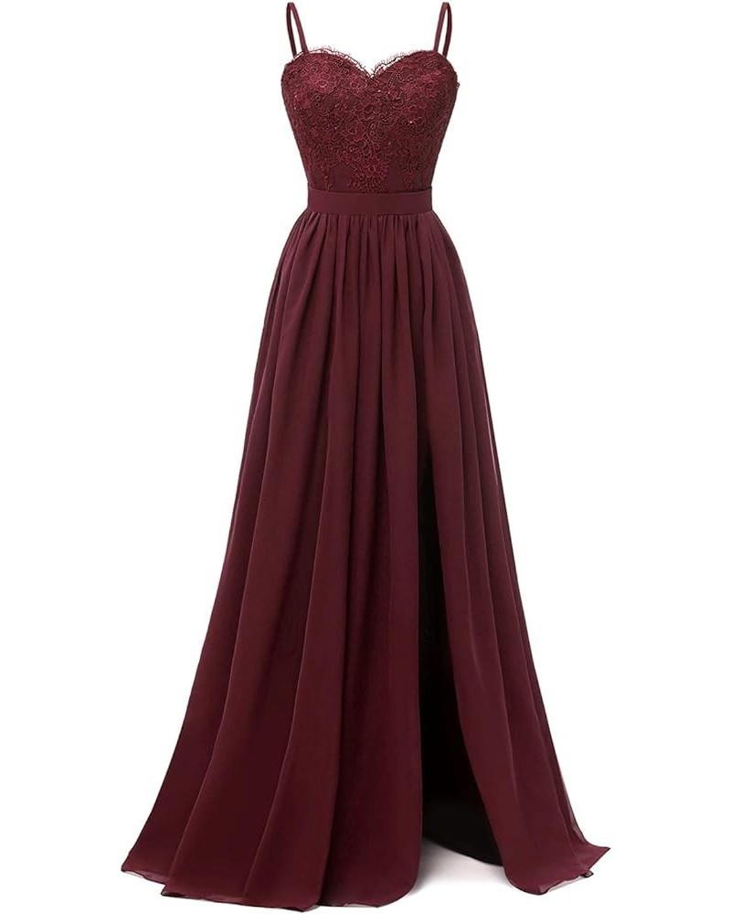 Lace Floral Bridesmaid Dress Long Side Slit Chiffon Wedding Evening Prom Gowns Dark Burgundy $42.75 Dresses