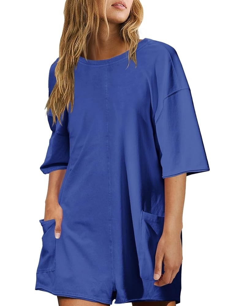 Womens Summer Oversized Tee Romper One Piece V Neck Reversible Jumpsuit Overalls Workout Outfits Royal Blue $17.33 Jumpsuits