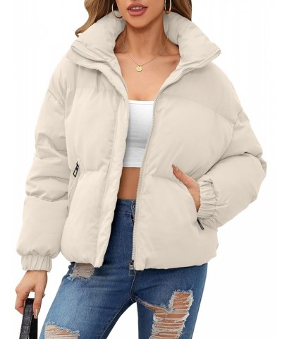 Women's Winter Puffer Jacket Stand Collar Zip Up Trendy Cropped Down Coats with Pockets Apricot L $10.75 Jackets