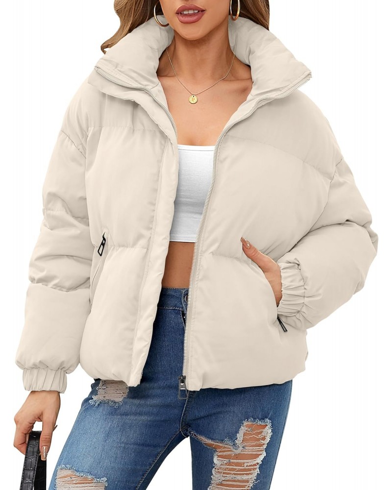 Women's Winter Puffer Jacket Stand Collar Zip Up Trendy Cropped Down Coats with Pockets Apricot L $10.75 Jackets